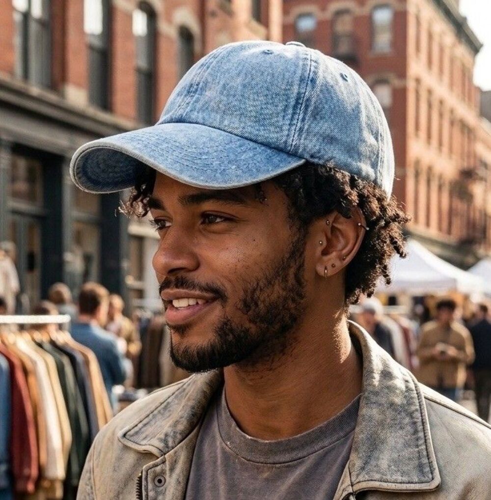 Ethos Denim Baseball Cap Hat Blue Acid Wash Adjustable Brass Buckle NWT KB-LOW